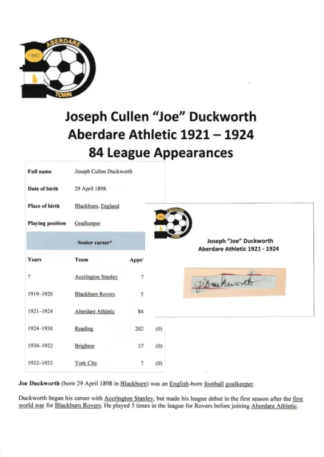 Joe Duckworth Aberdare Athletic 1921-1924 Extremely Rare Original Signed Cutting
