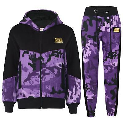 Girls Tracksuit Camouflage Purple Fleece Hoodie Top Joggers Bottom Suit Set