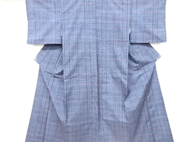 6519123: Japanese Kimono / Antique Kimono / Tsumugi / Woven Grid
