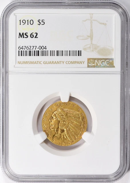 1910 Indian Head Half Eagle $5 Gold Ngc Ms62