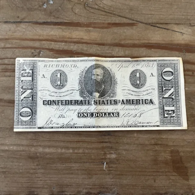 1863 One Dollar Confederate States Of America Richmond Virginia Bill Banknote