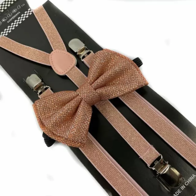 Rose Gold Glitter Skinny Suspender and Bow Tie Set Tuxedo Wedding Formal