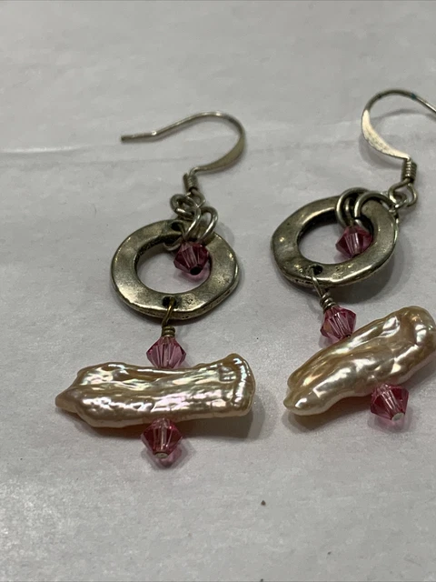 vtg hand crafted 90s fresh water baroque pearl pink crystal dangle earrings