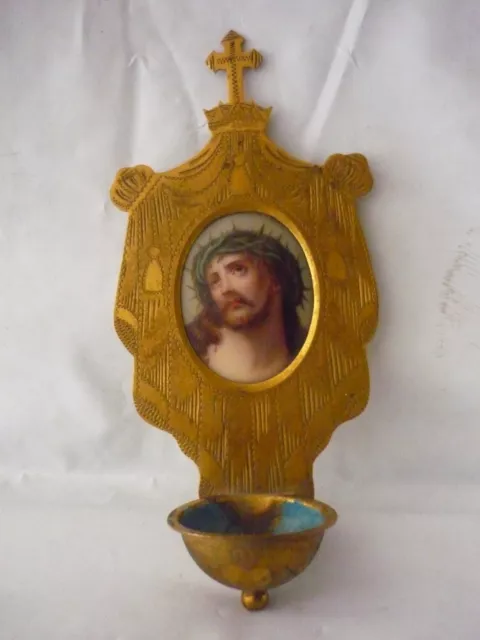 Antique Jesus Hand Painted Porcelain bisque Plaque Brass   Holy Water Font