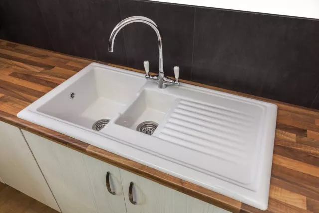 Reginox RL301CW Ceramic 1.5 Bowl Kitchen Sink Traditional White Reversible Waste 3