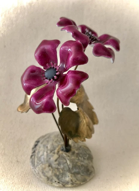 Vintage Mid Century Enamel Metal Magenta Flower Brass Leaves Table Sculpture