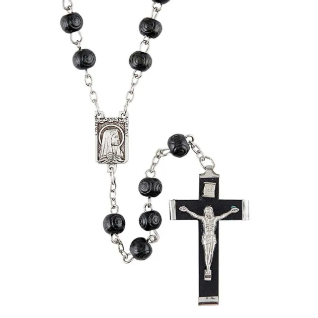 Our Lady of Lourdes Rosary Carved Black Wood Beads Metal Wrapped Wood Crucifix