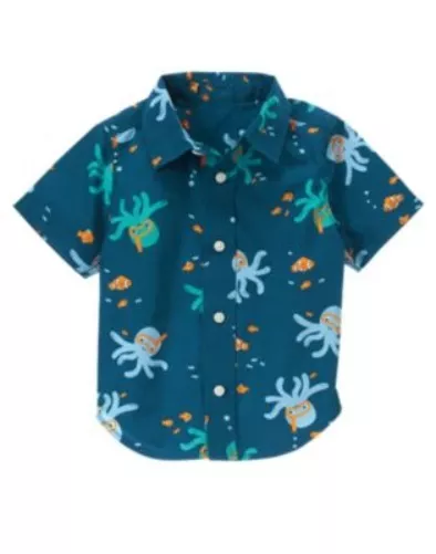Gymboree Octopus Hugs Blue Octopus N Fishes Woven S/S Shirt 0 3 6 12 18 24 Nwt