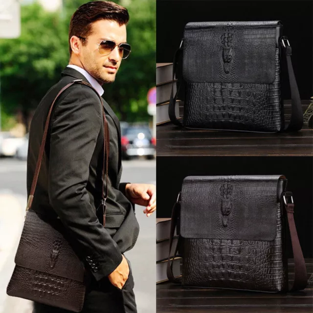Men's Sling Shoulder Bag Leather Black Crocodile Crossbody Bag 10" Messenger Bag
