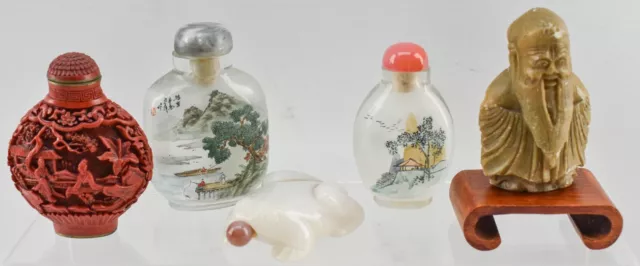 4 Chinese Snuff Bottles and 1 Chinese Jade Carving