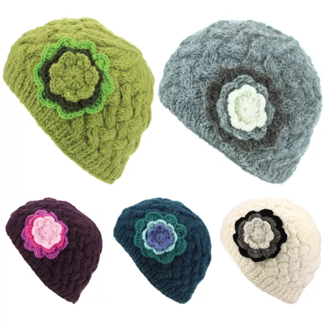 Wool Knit Beanie Hat Ladies Women Warm Winter Cable Knitted Flower Lined