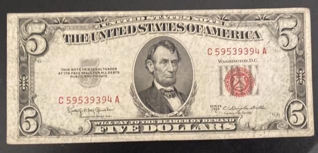 1953C  Series   FIVE  Dollar $5 RED Seal United States Note Old US Bill