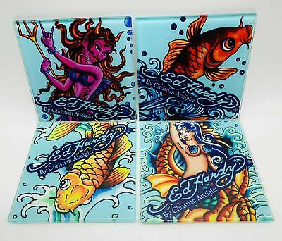 Set of 3 Christian Audigier Ed Hardy by Christian Audigier Mermaid Koi Glass Coasters 
