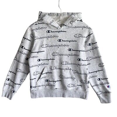 Champion Pullover Hoodie Sweatshirt Kids Boys Gray Black Logo Print Size M