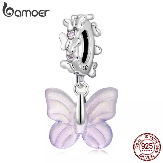 BAMOER 925 Sterling Silber Charm Armband Perlenanhänger Glasierter Schmetterling