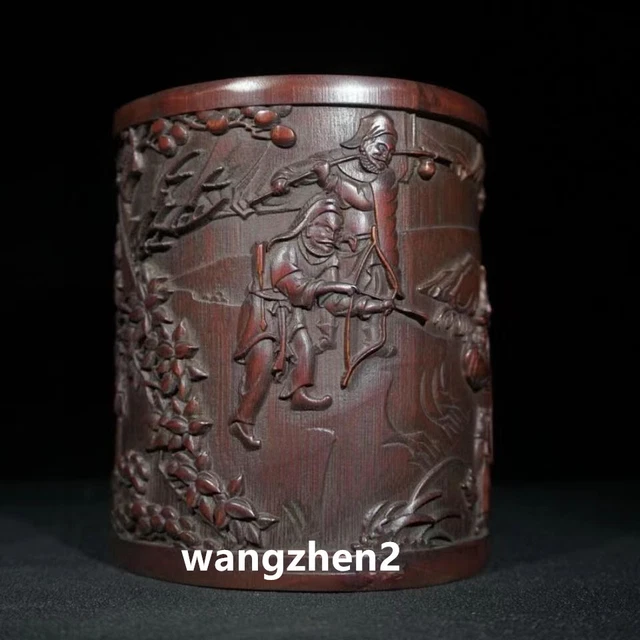 Chinese Wood brush pot Bamboo carving Pen holder Character Story Pattern 16cm