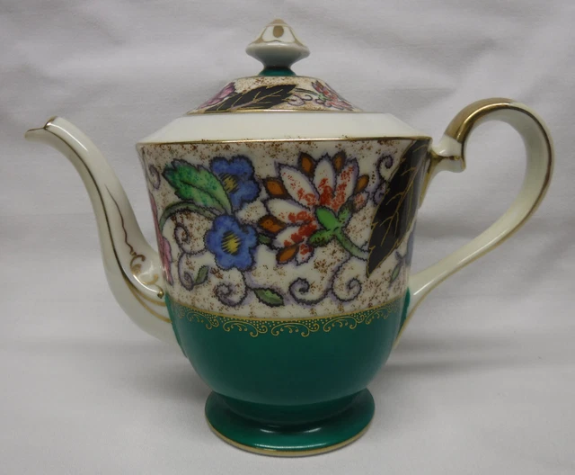Hira Fine China TEA POT porcelain, Made In Occupied Japan Green & Floral pattern