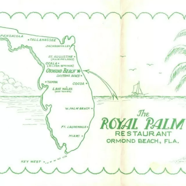 Ormond Beach, Daytona Beach Florida Royal Palm Restaurant Placemat FL Beach 1B