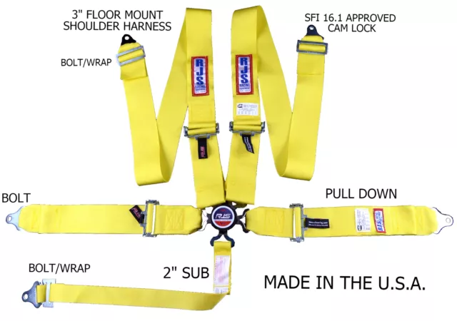 Rjs Racing Sfi 16.1 Cam Lock 5 Pt Seat Belt Harness Floor Mount Yellow  1034106