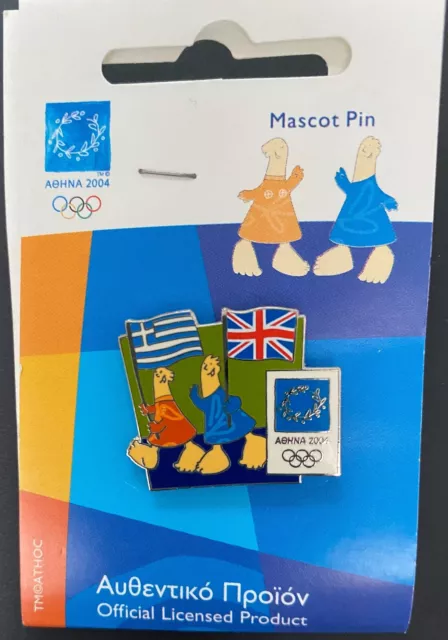 Olympic Official Pin Badge - Athens 2004 Depicting Mascots & Greek And GB Flags