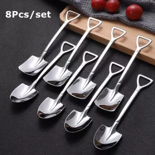 8pcs Novelty Shovel Stainless Steel Coffee Dessert Ice Cream Sundae Tea Spoon UK