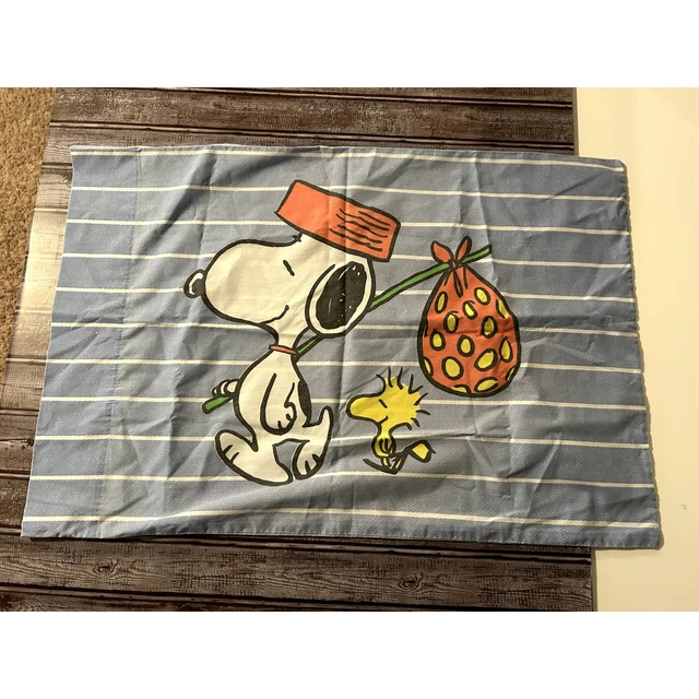 Vintage 1970s Peanuts Snoopy Woodstock Hobo Blue Striped Standard Pillowcase