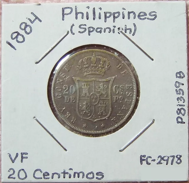 1884 - Philippines (Spanish), 20 Centimos, Alfonso XIII (0.835 fine silver), VF