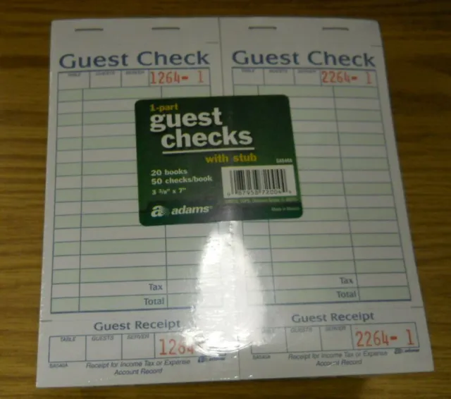 Adams 1-Part Guest Check with Stub 20 books 50 checks/book SA540A Receipt new
