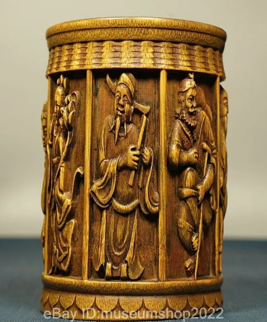 5.2" Ancient China Bamboo Carved Fengshui Eight Immortals Brush Pot Pencil Vase