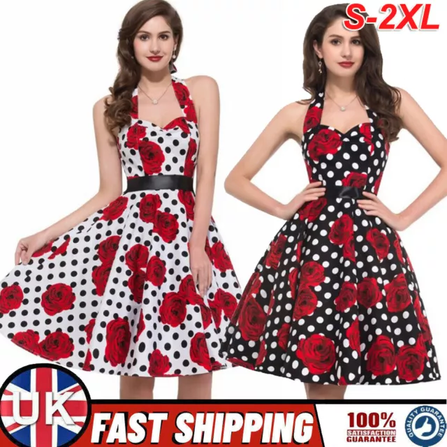 Womens Polka Dot 50s 60s Ladies Rockabilly Retro Belt A Line Dress Evening Party