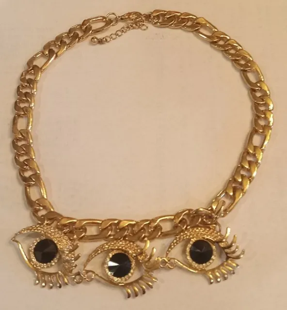 Vintage Style Gold Plated Thick Link Rivoli Rhinestone Evil Eye Collar Necklace