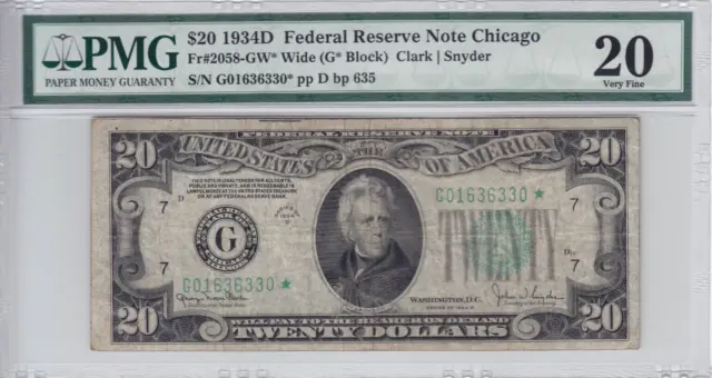 1934D $20 Federal Reserve STAR Note Chicago FR#2058-GW* Wide PMG VF 20
