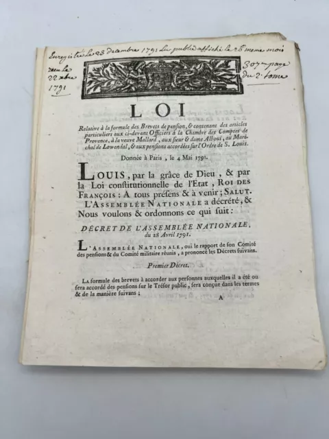 Loi relative à la formule des brevets de pension - 1791