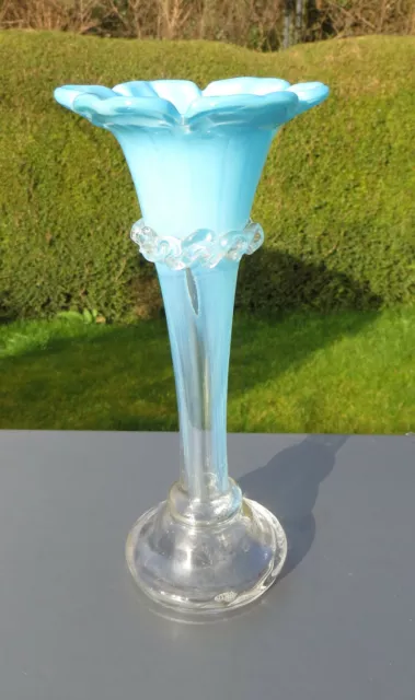 Victorian Antique Pale Blue Opaline Trumpet Flower Vase - Opalescent Stem