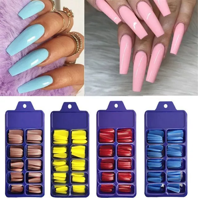 100x Extra Long Full Cover Fake False Nails Artificial Nail Art Stick on Tips AU