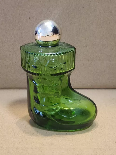 Vintage Avon Perfume Bottle Green Glass Christmas Stocking Silver Lid Empty