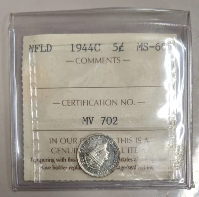 1944 NEWFOUNDLAND Pre Confederation CANADA Silver ICCS Slabbed 5 cent Coin (C99)