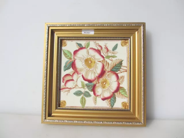Vintage Ceramic Tile Art Nouveau Floral Flowers Roses Leaf Gilt Frame