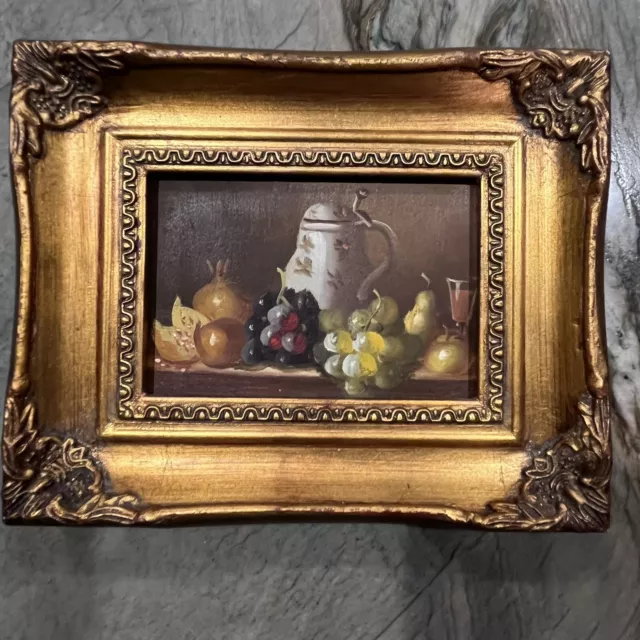 Small Oil Painting Still Life Fruit Glass Porcelain Jug Heavy Carved Gold Frame