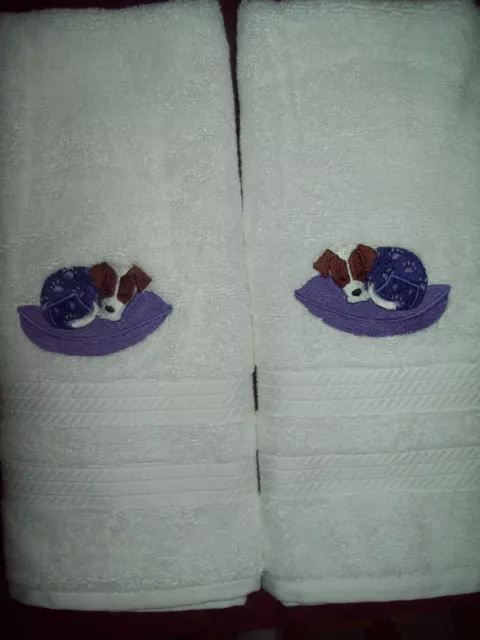 JACK RUSSEL IN PJ's Bathroom SET OF 2 HAND TOWELS EMBROIDERED
