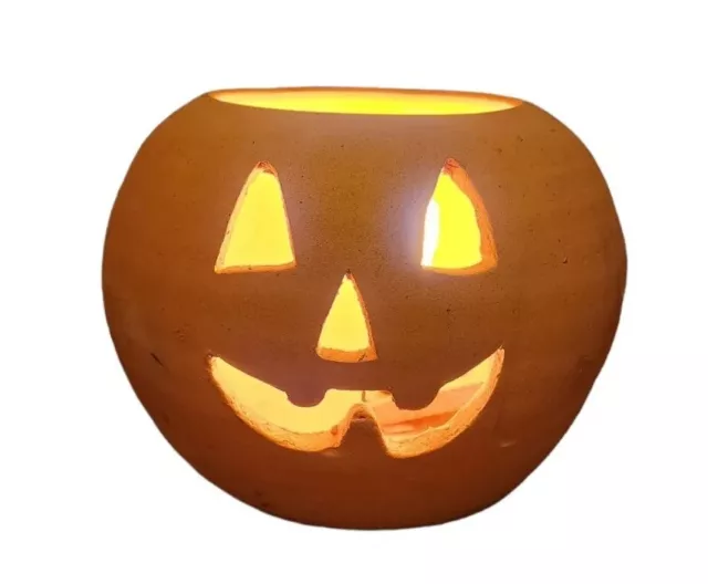 VTG Large Lit Clay Terra Cotta Jack O Lantern Pumpkin Halloween Handmade Heavy
