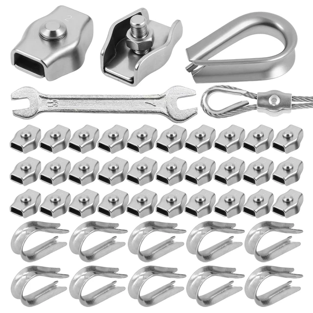 20 Morsetti Cavo Acciaio M3 + 20 Ditali - Per Filo Stendibiancheria &Oslash;3mm, Fissaggio Sicuro E Antiruggine