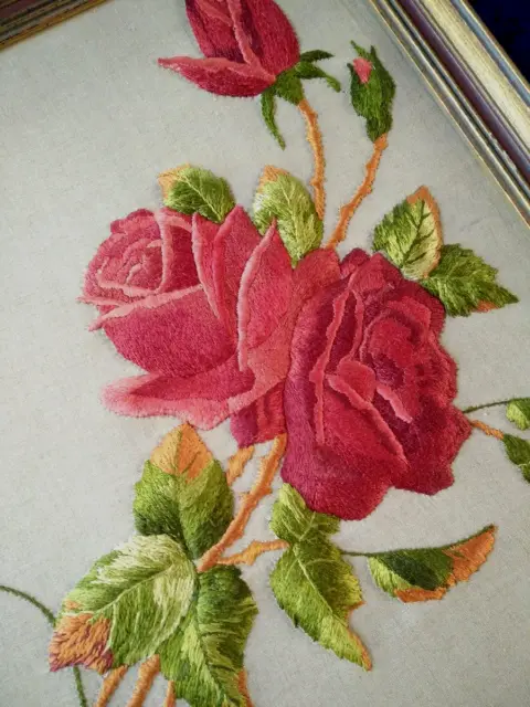 Superb Red Roses Antique Society Silk Hand Embroidered c1910 Framed Picture