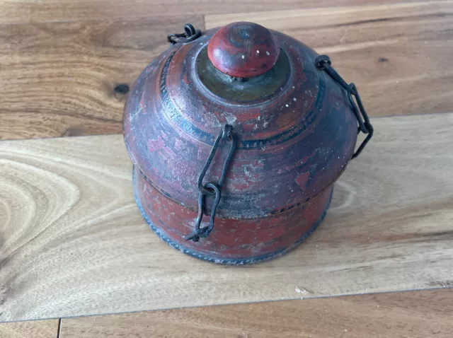 Thai Red Painted Wood Round Box with Attached Lid Food Spice