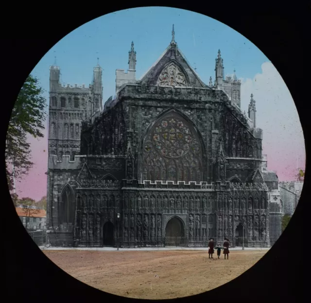 Glass Magic Lantern Slide EXETER CATHEDRAL EXTERIOR C1889 VICTORIAN PHOTO DEVON