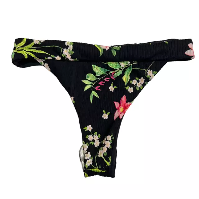 Swim bottoms Large thong cheeky black floral high cut swimsuit bathing suit NWOT