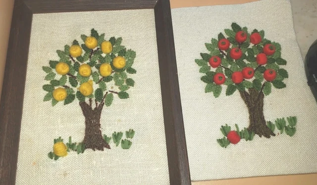 Bordado de creja enmarcado de colección árboles de manzana y limón 1 marco de madera 6,75x5