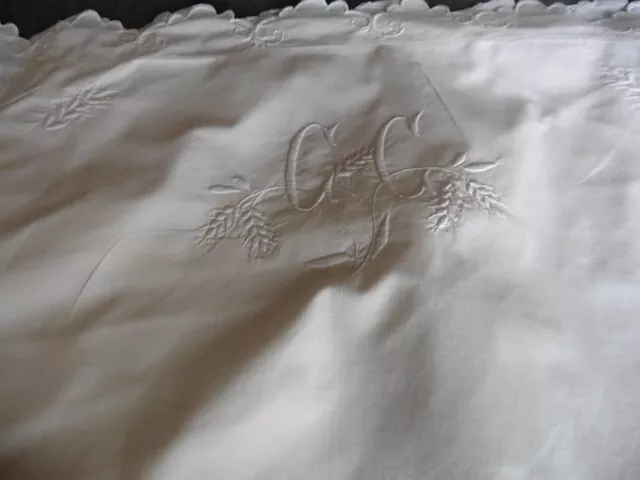 Ancienne Grande Taie D Oreiller Coton Blanc "Cc" Broderie Aux 4 Angles Epis