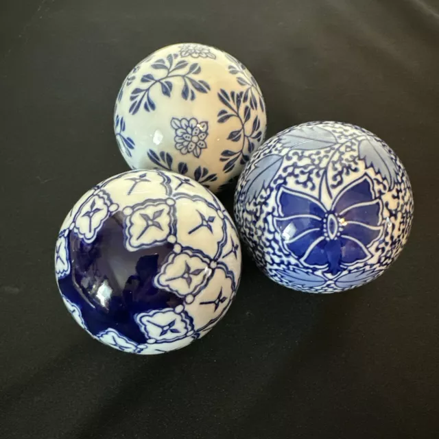 3 Cobalt Carpet Balls Porcelain Ceramic Blue White Home Decor  3" - 4”