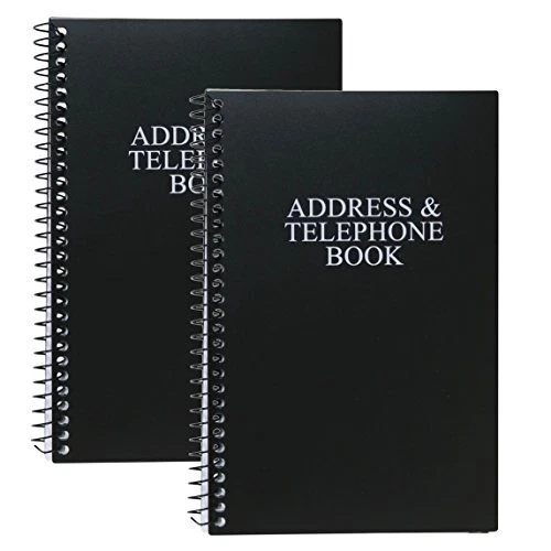 Iconikal Spiral-Bound Address and Telephone Book with Plastic Cover Black 2-Pack
